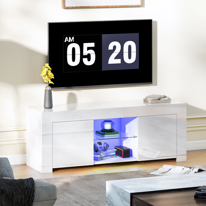 Телевізійна тумба з LED-підсвіткою, 2 дверцятами, скляною полицею, отворами для кабелів, для вітальні, виготовлена з ДСП, білого кольору.