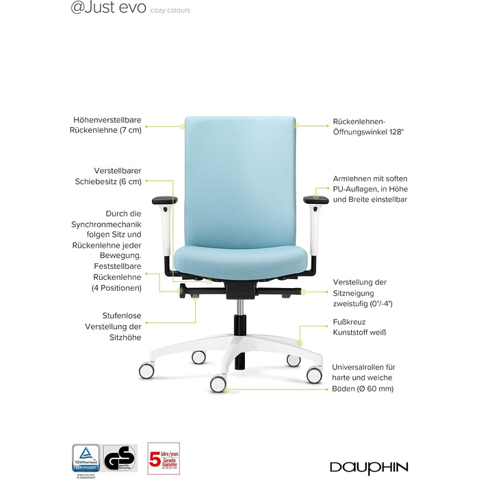 Ергономічний офісний стілець Dauphin Just Evo Cozy Colours, обертовий, колір Ocean Blue