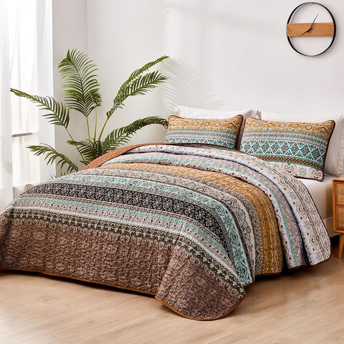 Покривало WONGS BEDDING Boho 220x240 см, стьобане, мікрофібра, 3 предмети: покривало і 2 наволочки 50x75, блакитне, для двоспального ліжка, спальня або диван
