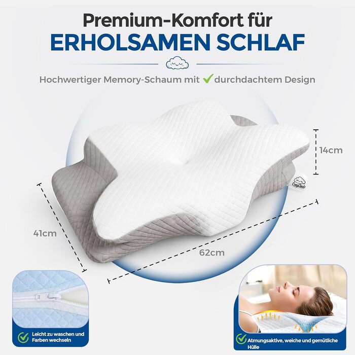 Ортопедична подушка для шиї та голови Premium з ефектом пам'яті (Memory Foam), ергономічна подушка-метелик для сну на боці та спині, змивний чохол, Graphite Grey