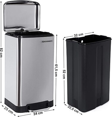 Смітник з педаллю SONGMICS 30 л, сталевий, з кришкою Softclose, герметичний, з внутрішнім відром, для кухні, сріблястий
