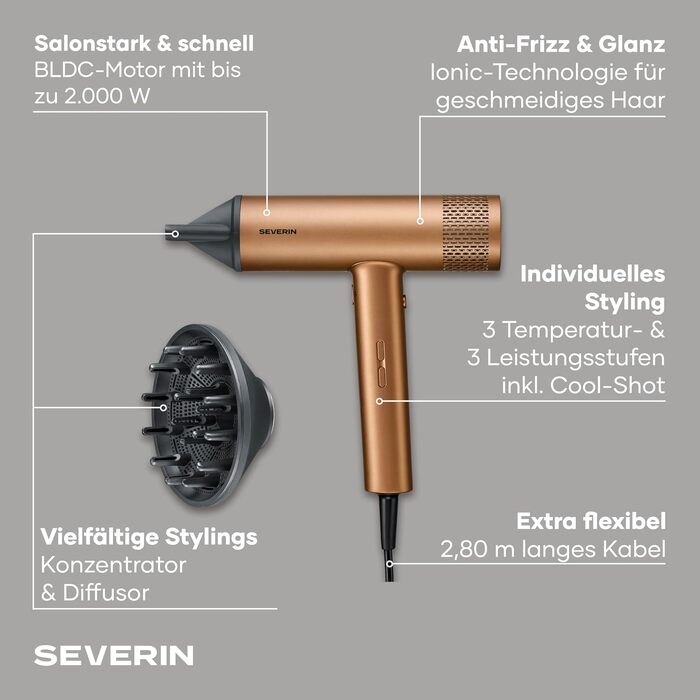 Фен для волосся Severin S-Style Speed Pro HT 0171 з іонною технологією, BLDC-мотором, дифузором та концентратором, 2000 Вт, Бронзовий