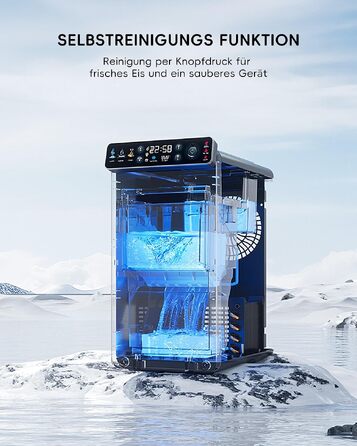Компактний льодогенератор ecozy з кольоровим дисплеєм та таймером на 24 години, 12 кг льоду/добу, 2 розміри кубиків, функція самоочищення, чорний