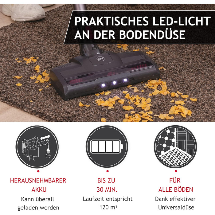 Пилосос акумуляторний Hoover HF110P без мішка для тварин, до 120 м², бездротовий, LED-підсвітка, XL контейнер, паркування, насадка для щілин та щітка, для шерсті домашніх тварин