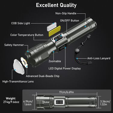 Ліхтарик Blukar LED з двома кольорами світла, головним та бічним COB-світлом, акумуляторний, з регулюванням яскравості та зумом, 7 режимів, водонепроникний, сірий