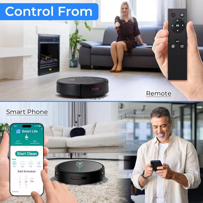 Робот-пилосос SereneLife з функцією миття підлоги, 700Pa, 3-в-1, керування через додаток, з датчиками падіння, для шерсті тварин та килимів, чорний