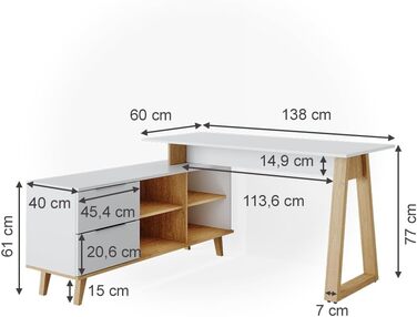 Письмовий стіл Vicco Nautica білий/дуб, 138x60 см з висувними ящиками XXL
