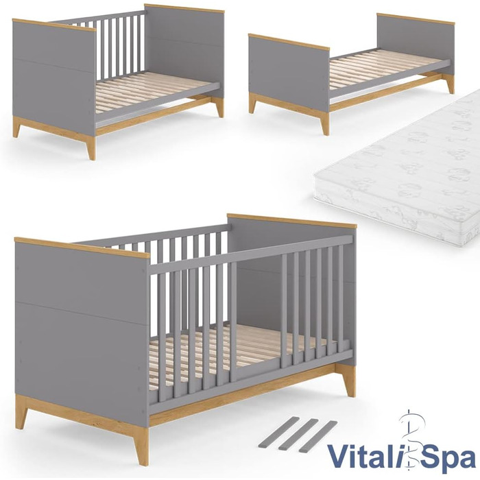 Дитяче ліжечко VitaliSpa Malia 70x140 см, сіре/дуб, з матрацом