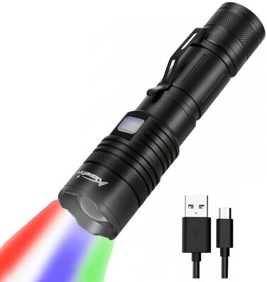 Alonefire X37 Тактичний LED ліхтар 4 кольори (зелений, синій, білий, червоний) RGB, USB-зарядка, водонепроникний, зум, з акумулятором і Powerbank для полювання, поліції, виживання, екстрених ситуацій, для вулиці
