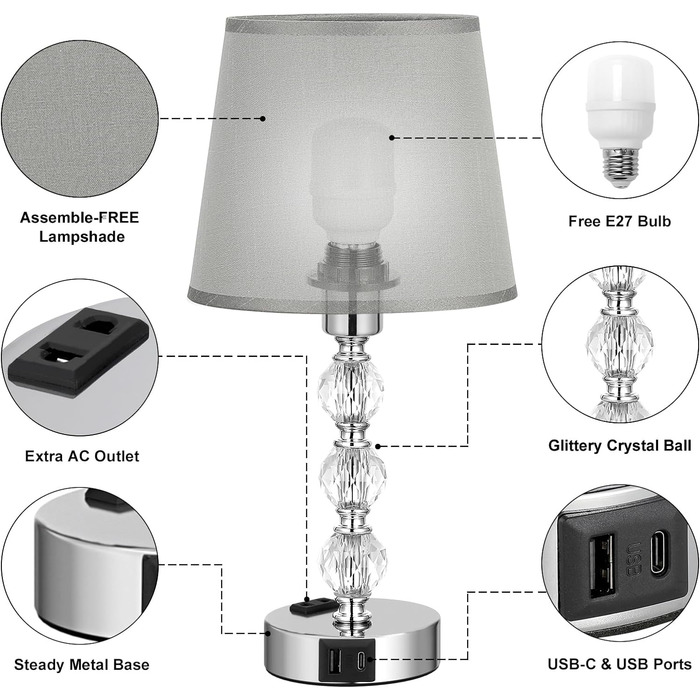 Настільна лампа Kakanuo з кришталем, сенсорне димування, 2 шт, LED, USB-A+C, сірою текстильною абажурою, для спальні, вітальні, офісу, готелю, 37 см
