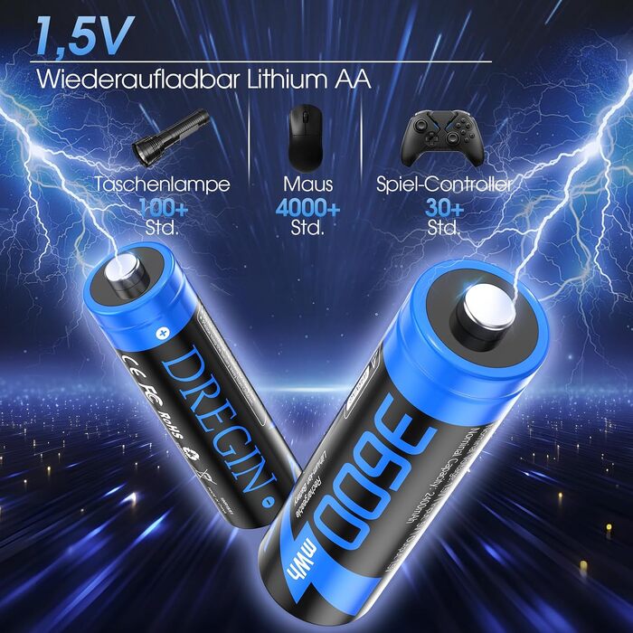 Набір акумуляторів AA Li-ion 1.5V 3600mWh (12 шт.) з зарядним пристроєм, висока ємність, 2000 циклів перезарядки, синій