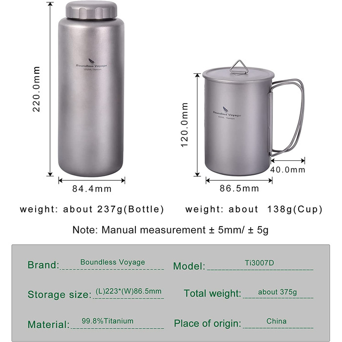 Фляга iBasingo Titan Outdoor 600ml + 1050ml (Ti3007d) - для кемпінгу, туризму та пікніків
