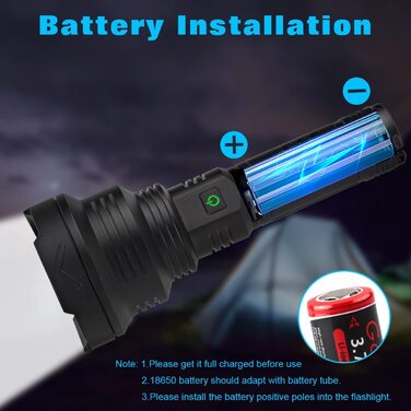 WholeFire Ліхтар LED XHP90 100000 люменів, тактичний, USB-зарядка, 5 режимів, водонепроникний IP65, для поліції, армії, пошуковий, з акумулятором
