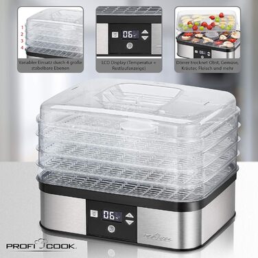 Сушарка для овочів і фруктів ProfiCook PC-DR 1218, нерж. сталь, 650 Вт, 6 рівнів, таймер, LED, BPA-free
