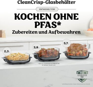 Скляна аерофритюрниця Ninja CRISPi PRO XL Air Fryer з 5 функціями, контейнерами CleanCrisp (5,7 л та 2,3 л) та кришкою для зберігання, біла, AS090EUGN