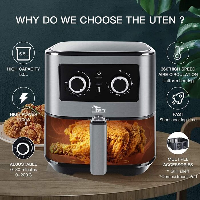 Аерофритюрниця Uten 5,5 л XXL, 1700 Вт, з таймером і антипригарним кошиком, теплоізольована, для 2-8 осіб, подвійне керування