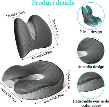 Комплект подушок для сидіння та спини Suewidfay з піни Memory Foam, ергономічні, для офісного крісла, авто, інвалідного візка - світло-сірий