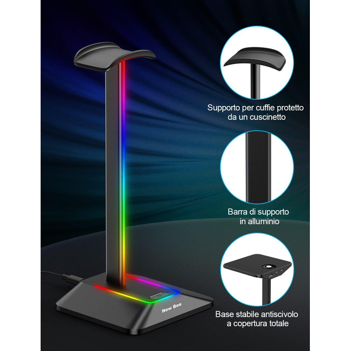 Підставка для ігрових навушників New Bee RGB з бездротовою зарядкою, 7 режимів підсвічування, USB, чорна