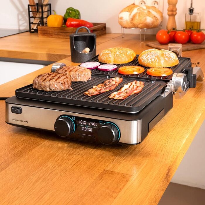 Електричний гриль Cecotec Rock'nGrill Dual 2000W з незалежним регулюванням температури, знімні антипригарні пластини, відкривання на 180°