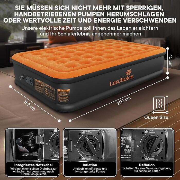 Надувне ліжко Luxchoice з електричним насосом для 2 осіб (205x155x38 см) - Dark Orange