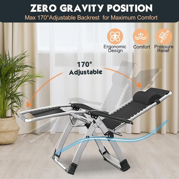 Лежак для відпочинку MOPHOTO Zero Gravity - розкладний, 200 кг, з подушкою та кишенею, для саду, балкону, тераси (сірий)
