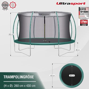 Дитячий садовий батут Ultrasport Deluxe з захисною сіткою, драбиною та захисним бортом, навантаження до 150 кг, Ø 244/305/366/460 см