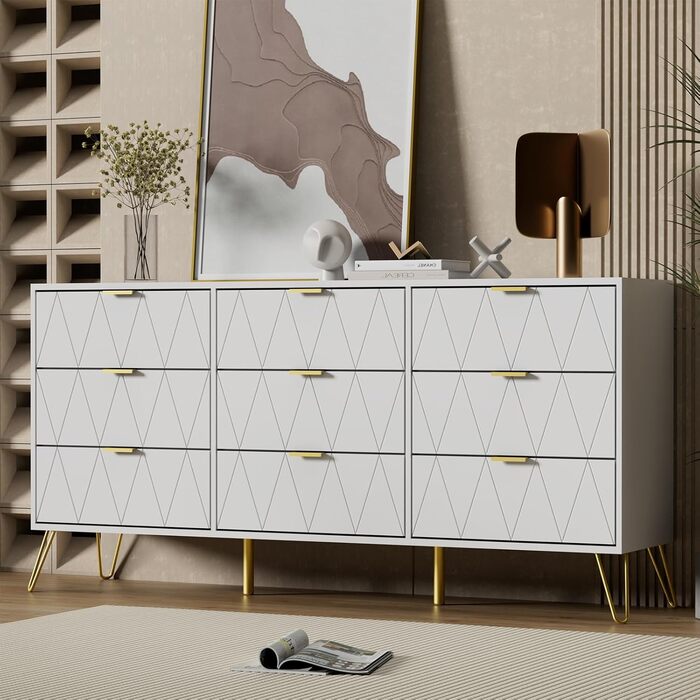 Комод UEV з 9 шухлядами 150x34x74 см, сучасний білий шафа-сайдборд для вітальні, спальні, передпокою