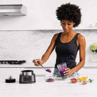 Блендер Ninja Foodi Power Nutri Mixer 2-в-1, 1100Вт, автоматичні програми, для смузі, густих сумішей і заморожених напоїв, 700 мл стакан, 400 мл чаша з потужним мішалкою, сріблястий, модель CB100EU
