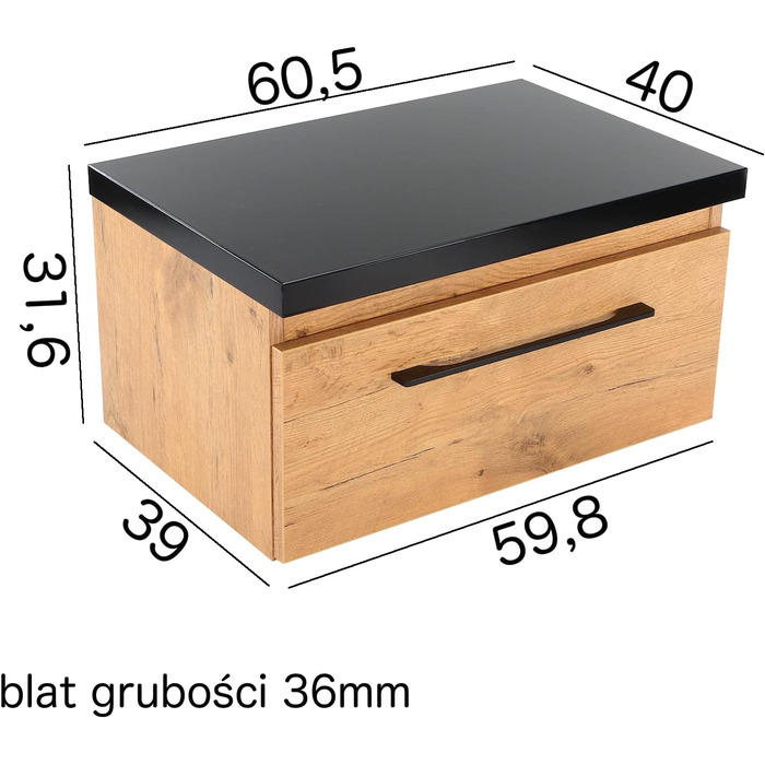 Підвісна шафа для ванної paplinskimoebel Merida, 60,5x40x31,6 см, з шухлядою, для умивальника, дуб+чорний