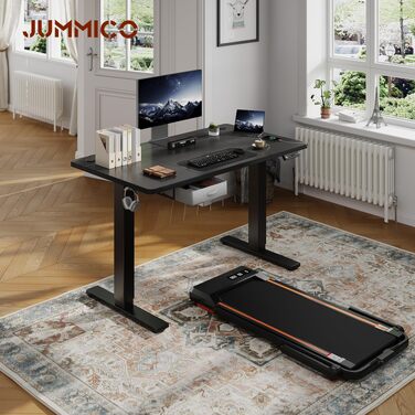 Електричний підйомний стіл JUMMICO для роботи стоячи та сидячи, 140 x 80 см, з шухлядою та гачком, сталева рама, чорний