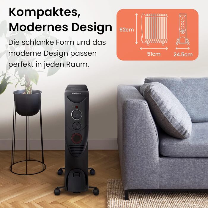 Масляний обігрівач Pro Breeze 2500W, електричний радіатор з 11 секціями, 3 режимами нагріву, термостатом та 24-годинним таймером, захист від перегріву та перекидання, чорний