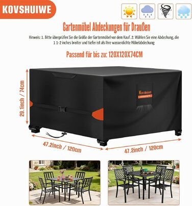 Чохол для садових меблів Kovshuiwe 120x120x74 см, водонепроникний, вітрозахисний, UV-стійкий, 420D