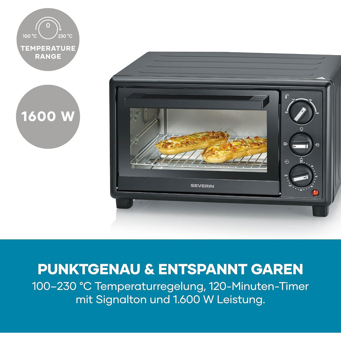 Міні-піч Severin Bake&Toast TO 2078, 20Л, 1600Вт, з таймером та конвекцією (верхній та нижній підігрів), чорна