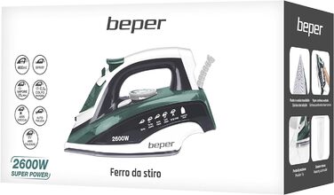 Праска BEPER P204FER003, 2600 Вт, 400 мл, сталева підошва, сухе/парове прасування, регулювання температури, антинакип, захист від протікання, самоочищення