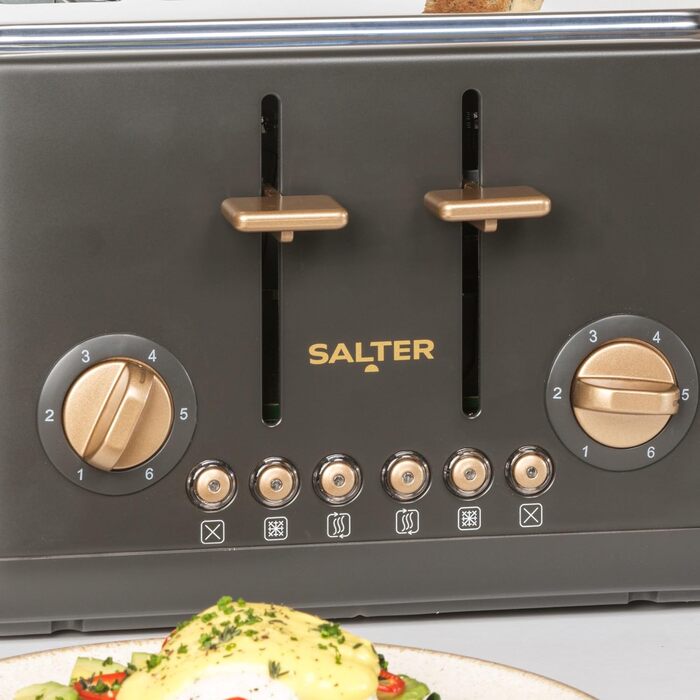 Тостер SALTER Pebble на 4 тости, чорно-сірий: розширені слоти, 6 режимів підсмажування, розморожування, підігрів, функція скасування