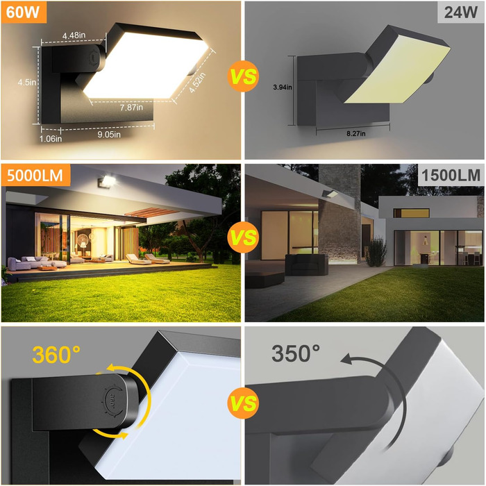 Стіна LED-ліхтар ledmo 60W чорний, 3000K, 5000LM, поворотна панель 360°, водонепроникна IP65 для вулиці та приміщень