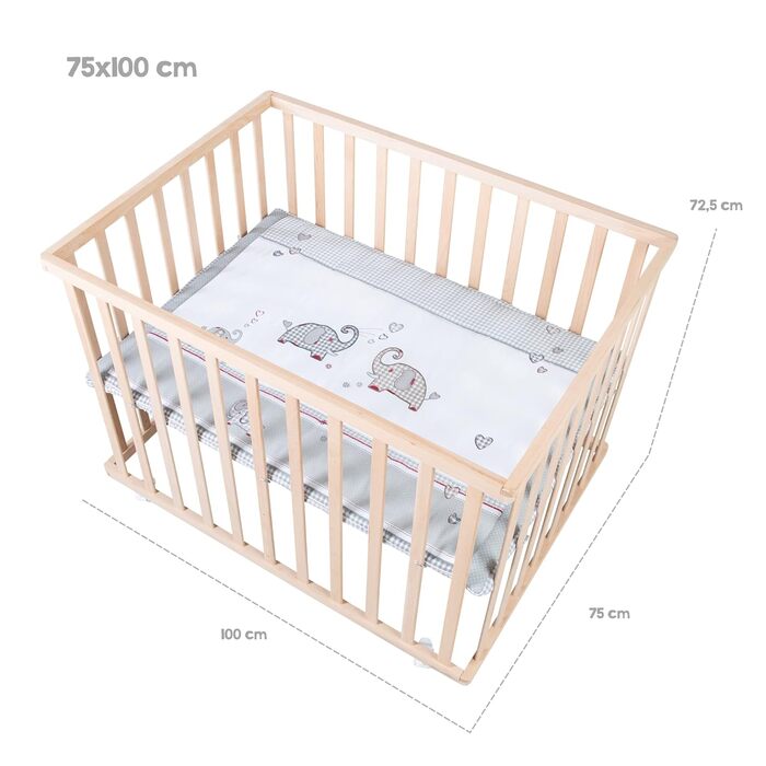 Дитячий манеж-ліжко roba Jumbo Twins 75x100 см, дерев'яний, з матрацем і колесами, регульований по висоті, натуральне дерево