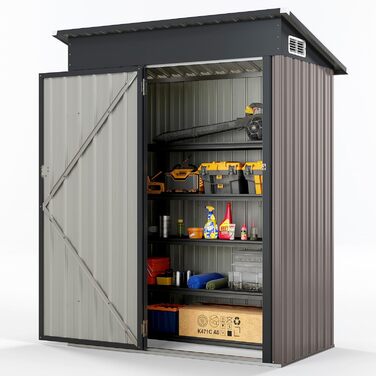Металевий садовий будиночок COSTWAY 150x90,5x185 см, 1,5 м³, з односхилим дахом та дверима, замиканий, для інструментів, сірий