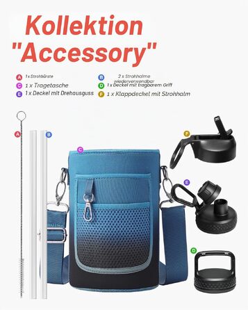 Термобутилка Coolflask 2Л зі сталі нержавіюючої з соломинкою та 3 кришками, вакуумний ізольований спорт-флакон для води та офісу, герметична, колір Indigo Black