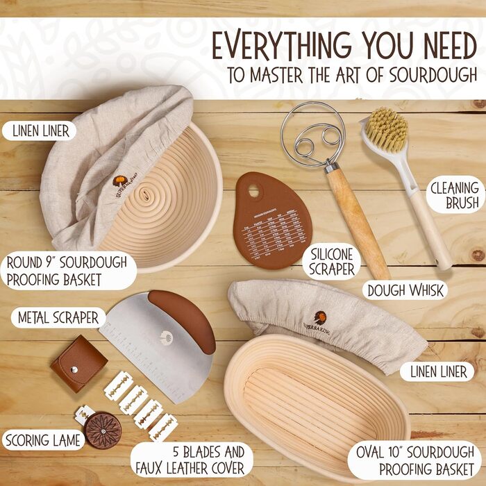 Набір для випічки закваски Superbaking: корзини Banneton (2 шт.) круглі (23 см) та овальні (25.4 см), стартер для закваски