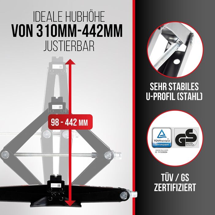 Ножичний домкрат HEYNER на 2 тонни, висота підйому 320-442 мм, сертифікований TÜV