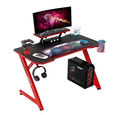 Ігровий стіл Intimate WM Heart 110 см: ергономічний стіл з карбоновою поверхнею, тримач для навушників, підставки для напоїв та аксесуарів, чорно-червоний