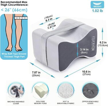 Ортопедична подушка між ніг foverhom з ефектом пам'яті (Memory Foam) для полегшення болю в спині, попереку та стегнах, сіра (до 66 см)