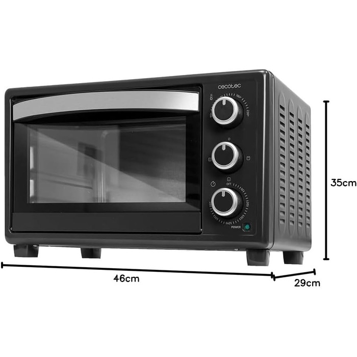 Електрична піч Cecotec Bake&Toast 2300 Black, 23 л, 1500 Вт, до 230°C, 3 режими (гриль, під-нагрів, комбінований), скляна дверцята, таймер 60 хв, піддон для крихт. Чорний колір