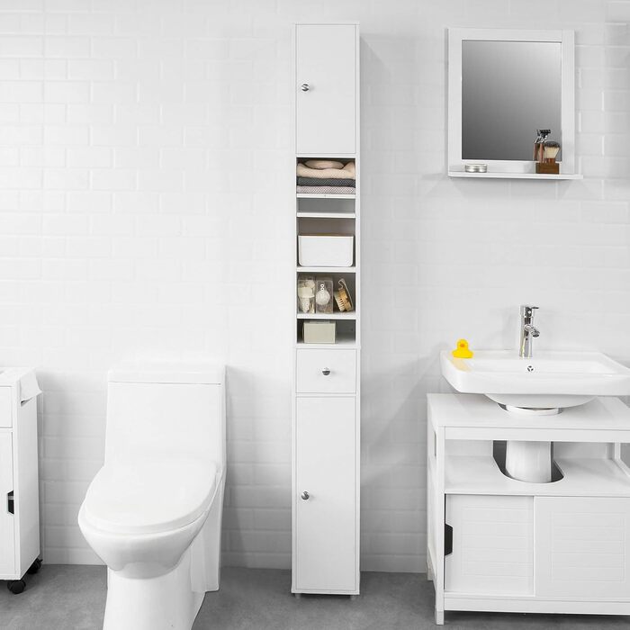 SoBuy BZR34-W Високий шафа для ванної з 5 полицями, 1 шухлядою та дверцятами, білий, 20x180x20 см