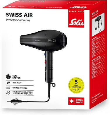 Фен Solis Swiss Air 3802 з холодним повітрям, 2 режими нагріву, знімний фільтр, петля для підвішування