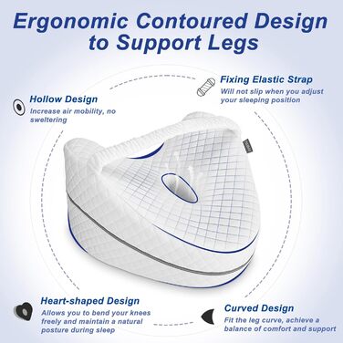 Ергономічна ортопедична подушка між колін з ефектом пам'яті (Memory Foam) для ніг, стегон та попереку, біла, зі стрічкою
