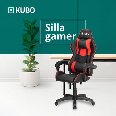 Ігрове крісло для комп'ютера KUBO, ергономічне, регульоване по висоті, обертове на 360°, з фіксованими підлокітниками, метал-нейлон-пластик, червоне