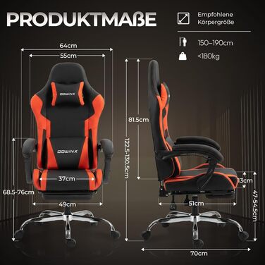 Ігрове крісло Dowinx Ergonomic Gaming Chair з підножкою, навантаження до 150 кг, регульовані підлокітники, офісне крісло для ПК, червоне