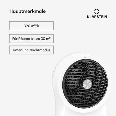Охолоджувач повітря Klarstein з водяним охолодженням 6л, 320м³/год, таймер, пульт ДУ, портативний для кімнат та спальні, білий